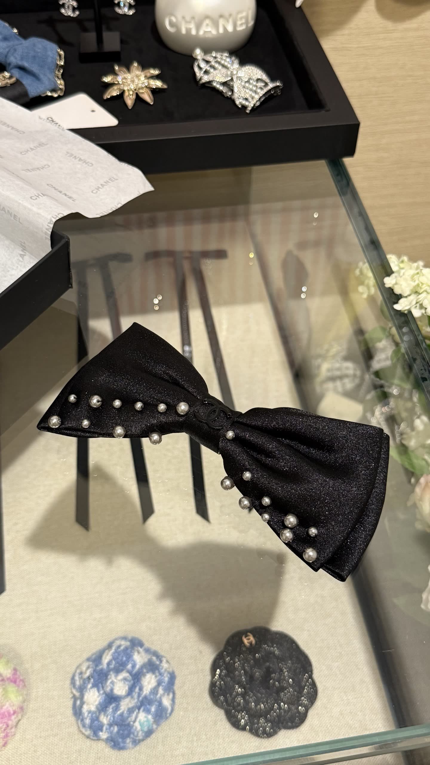 Chanel Black Satin Bow Hair Clip with Pearls